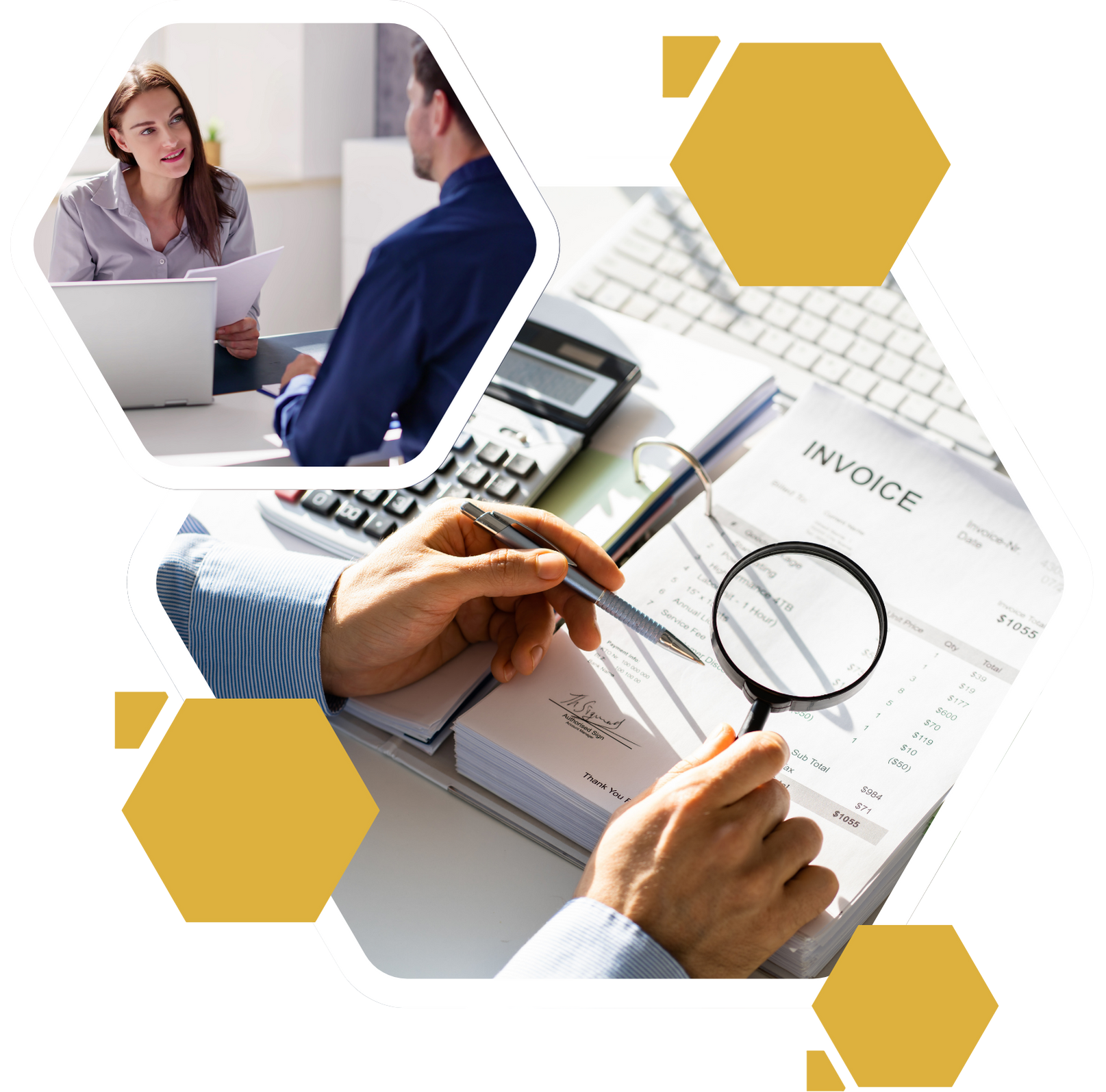 Business meeting over invoice paperwork with calculator and magnifying glass, accented by yellow hexagons