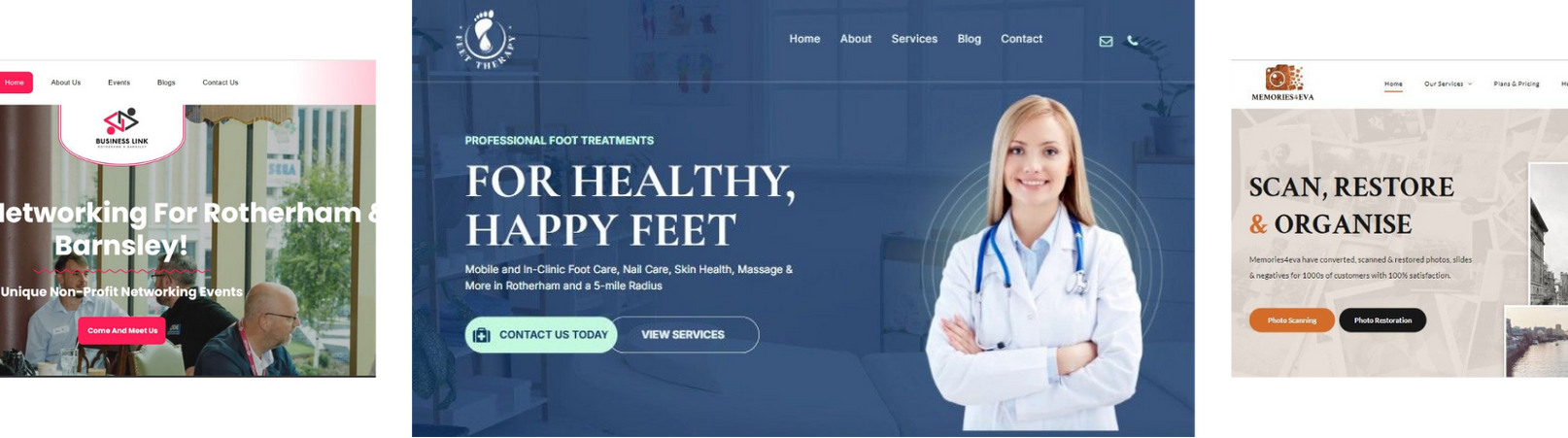 Website banners for a foot clinic, including a doctor in blue and a healthy feet message