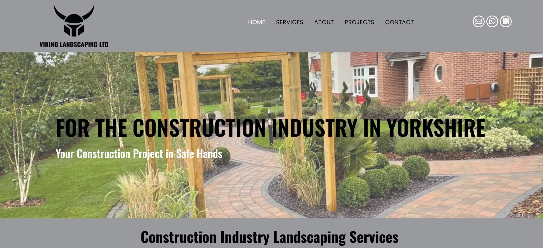Website homepage banner for Yorkshire construction industry landscaping services, with garden path and trees