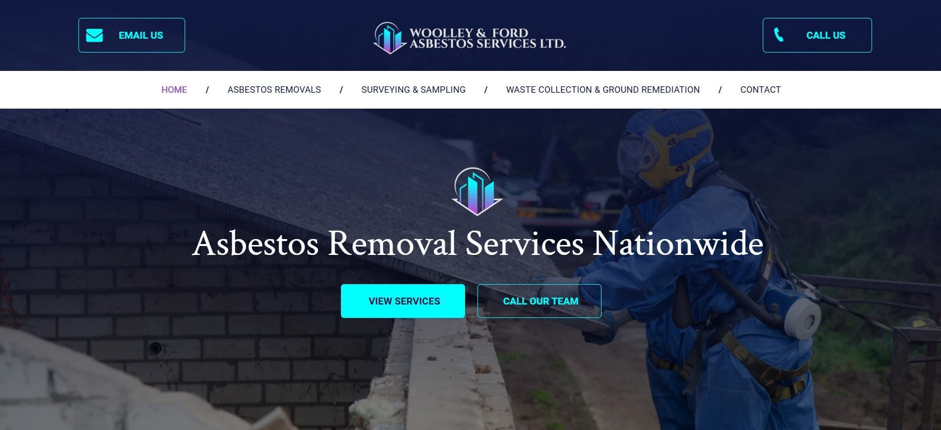 Website homepage for asbestos removal services, with a worker spraying a dark roof background and a central call-to-action button