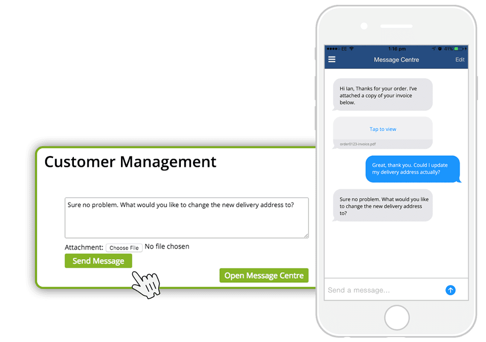 Customer management text message interface on a phone with green and blue chat bubbles and send buttons