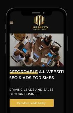 Mobile phone screen displaying Up2Speed marketing website with an overhead shot of a meeting and call-to-action button.