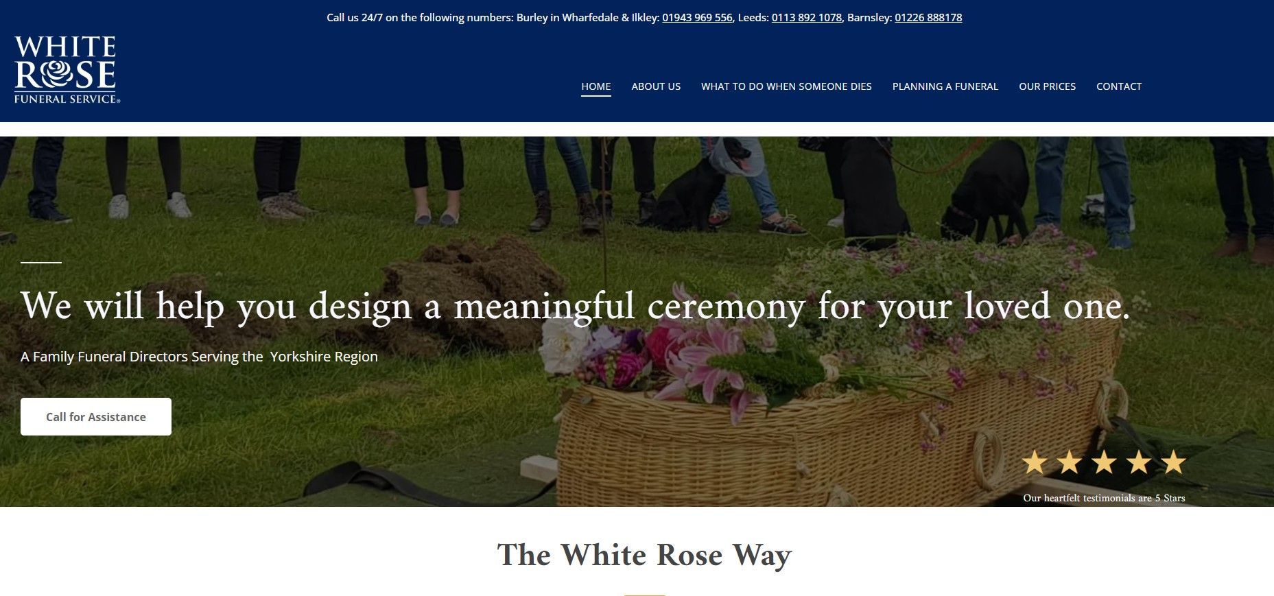 White Isle Rose homepage with a garden photo and headline about designing a meaningful ceremony for a loved one