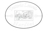 Logo ovale bianco con una piccola illustrazione centrale e un testo tenue attorno al bordo.