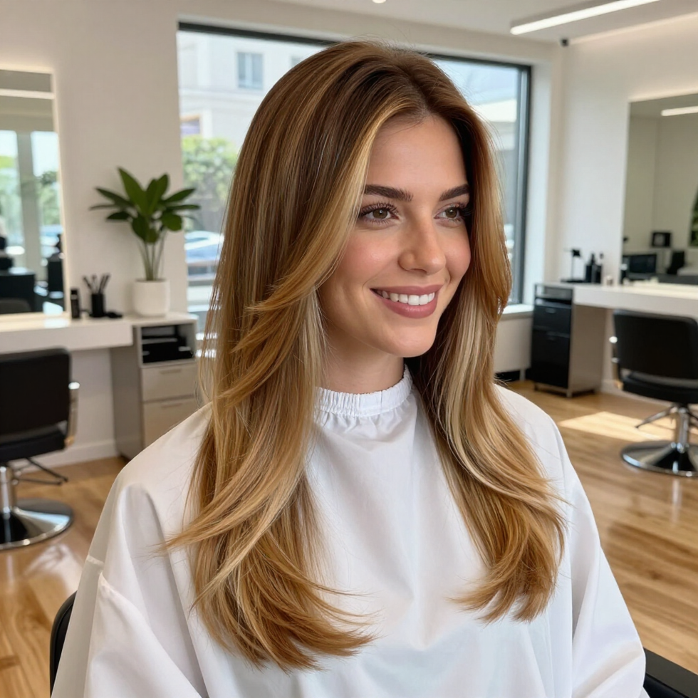 Woman smiling in a bright modern office, wearing a white blouse