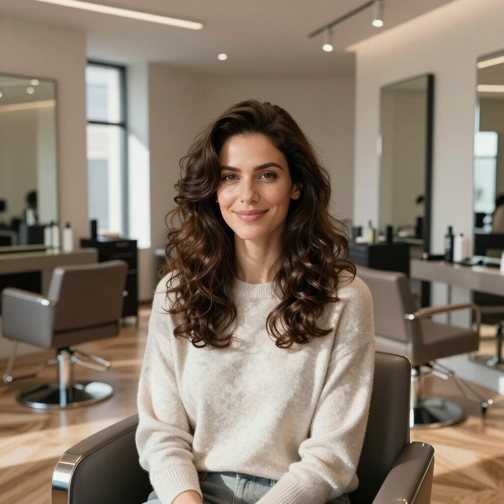 Woman with curly hair seated in a modern salon, smiling at the camera.