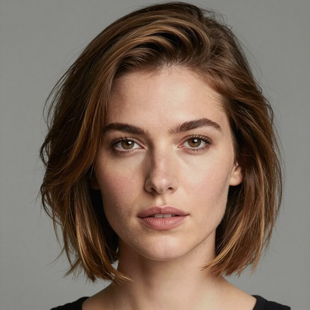 Close-up portrait of a person with short brown hair against a gray background