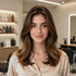 Portrait of a smiling woman in a beige blouse at a hair salon with product shelves in the background