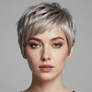 Portrait of a person with short silver hair against a gray background