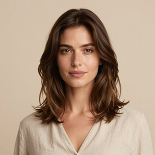 Portrait of a woman with shoulder-length brown hair in a cream blouse against a beige background
