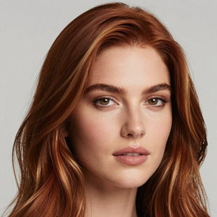 Studio portrait of a person with auburn hair and a neutral expression on a light gray background
