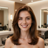 Smiling woman with brown hair in a salon, seated in front of mirrors and soft lighting