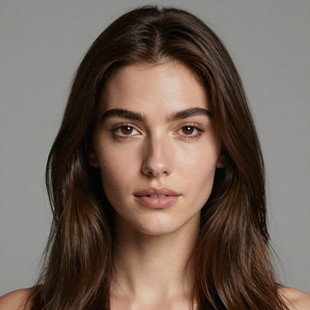 Portrait of a woman with long brown hair against a plain gray background