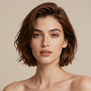 Portrait of a woman with short brown hair against a beige background