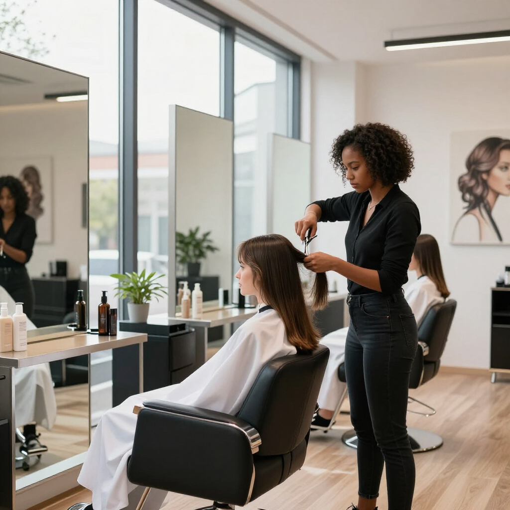 Stylist cutting a client’s hair in a bright modern salon, with mirrors and styling chairs nearby