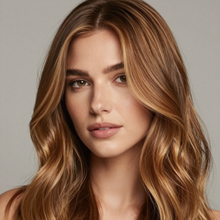Close-up portrait of a woman with wavy light brown hair against a plain gray background