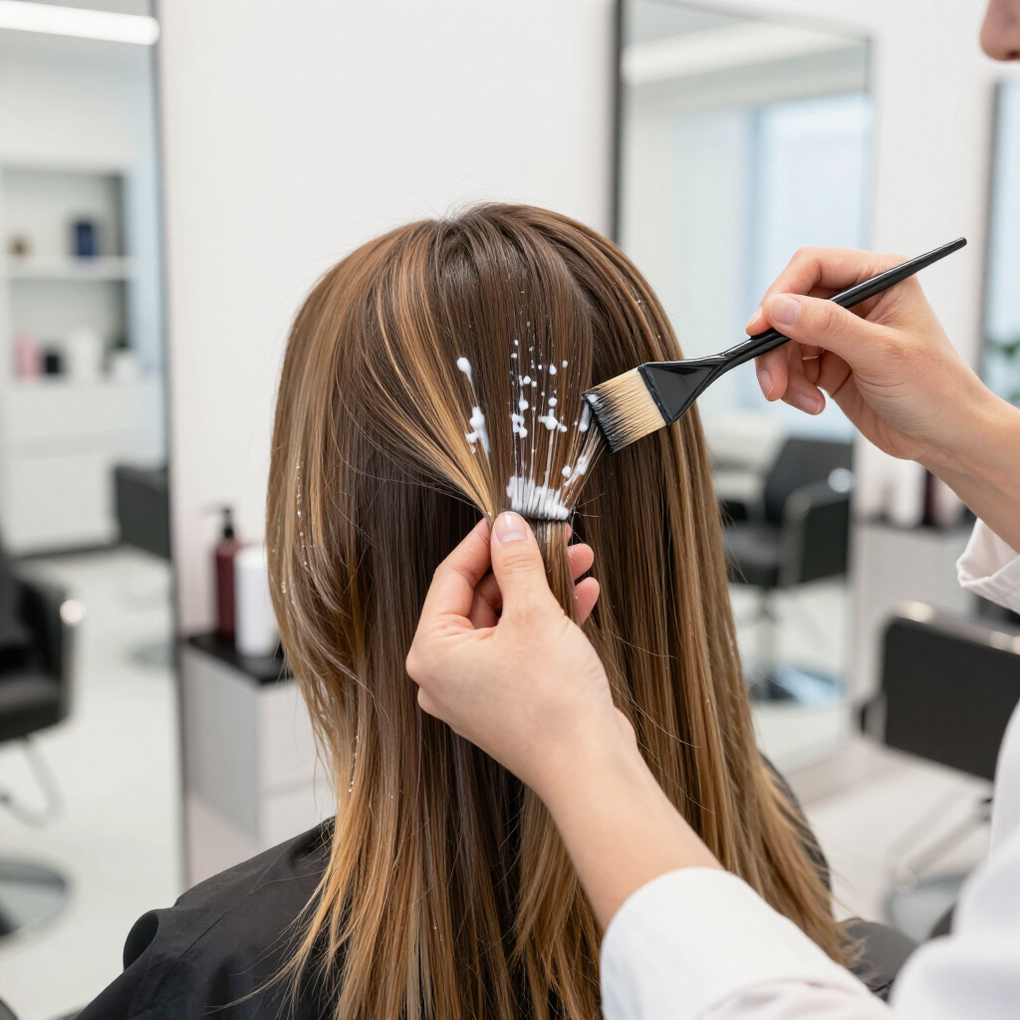 Hair coloring in a salon, with a stylist painting blonde highlights on brown hair