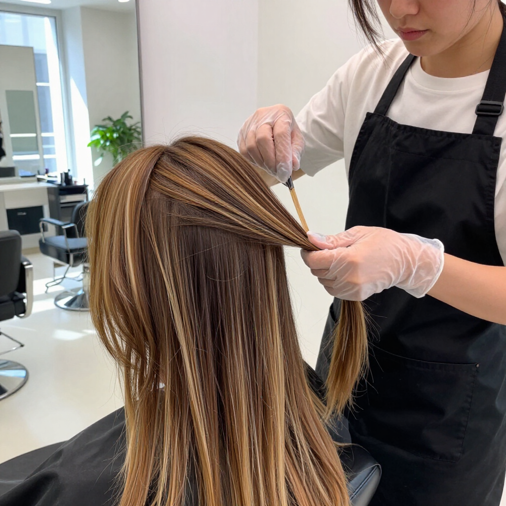 Stylist sectioning long highlighted hair in a salon chair with gloves and comb