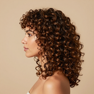 Side-profile portrait of a person with curly brown hair against a beige background