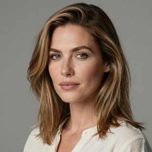 Portrait of a woman with shoulder-length blonde hair in a white blouse against a gray background