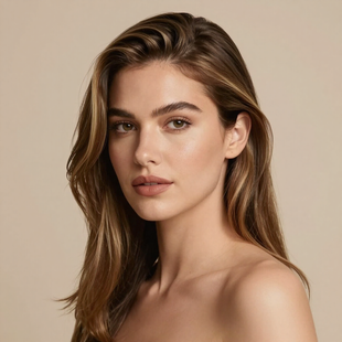 Close-up portrait of a woman with long brown hair against a beige background