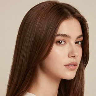 Portrait of a woman with long straight brown hair against a beige background