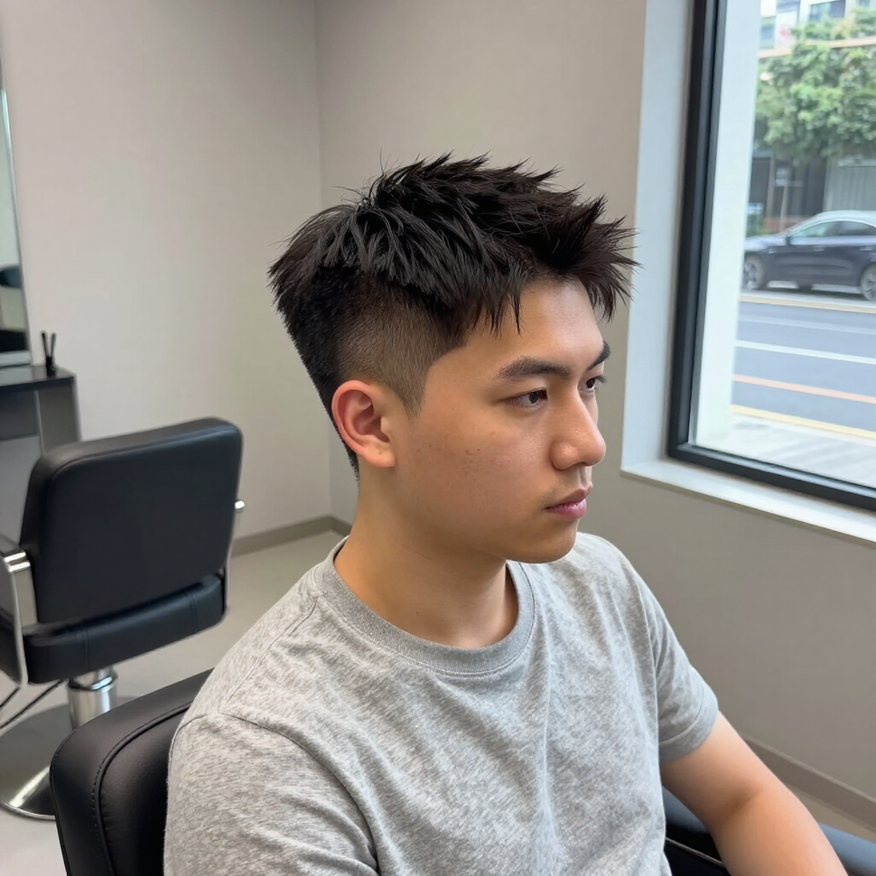 Person with short spiky hair sitting indoors by a window, wearing a gray T-shirt.