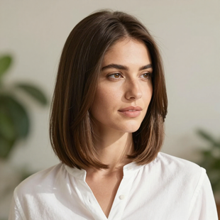 Portrait of a woman with shoulder-length brown hair in a white blouse, looking to the side
