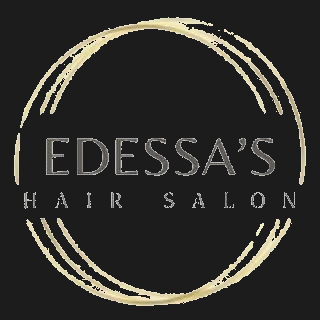Edessa’s Hair Salon logo in beige on a black background, with a circular brush-stroke design.