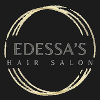 Edessa’s Hair Salon logo in beige on a black background, with a circular brush-stroke design.