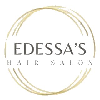 Edessa’s Hair Salon logo with gold circular lines and gray text on a white background