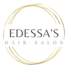 Edessa’s Hair Salon logo with gold circular lines and gray text on a white background