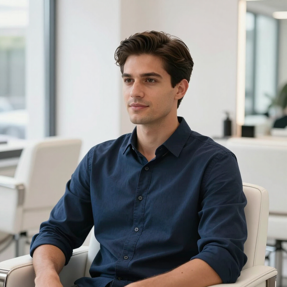 Man sitting in a bright office, wearing a navy shirt and looking ahead calmly.