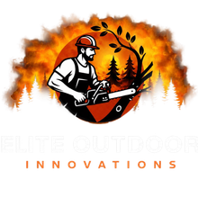 Chainsaw-wielding lumberjack logo with orange flames and the words &ldquo;Elite Outdoor Innovations&rdquo;