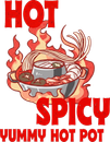 Red hot pot with noodles and seafood flames, labeled &ldquo;HOT SPICY&rdquo; and &ldquo;YUMMY HOT POT&rdquo;