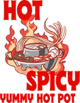 Red hot pot with noodles and seafood flames, labeled “HOT SPICY” and “YUMMY HOT POT”