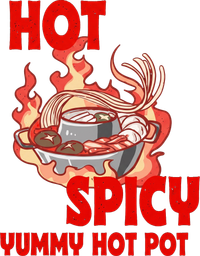 Red hot pot with noodles and seafood flames, labeled “HOT SPICY” and “YUMMY HOT POT”