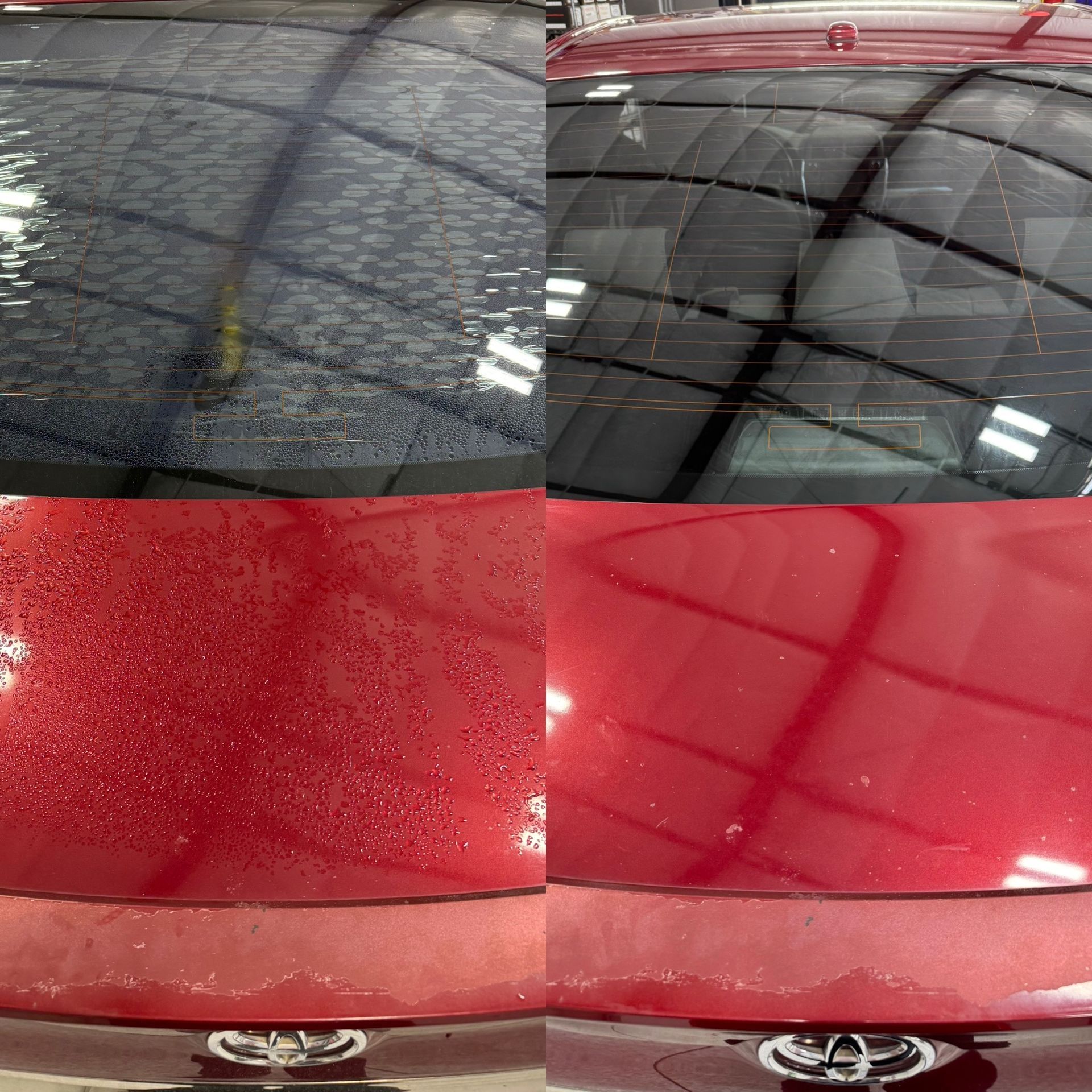 Comparison of a car's wet and treated surfaces. Red car trunk and window with water beading, then drying.