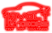 Red logo: car outline above "12 VOLT TECHS" with "TINT &bull; PPF &bull; COATINGS" below.