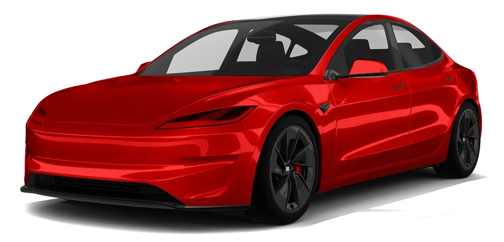 Red electric sedan with black wheels on a white background