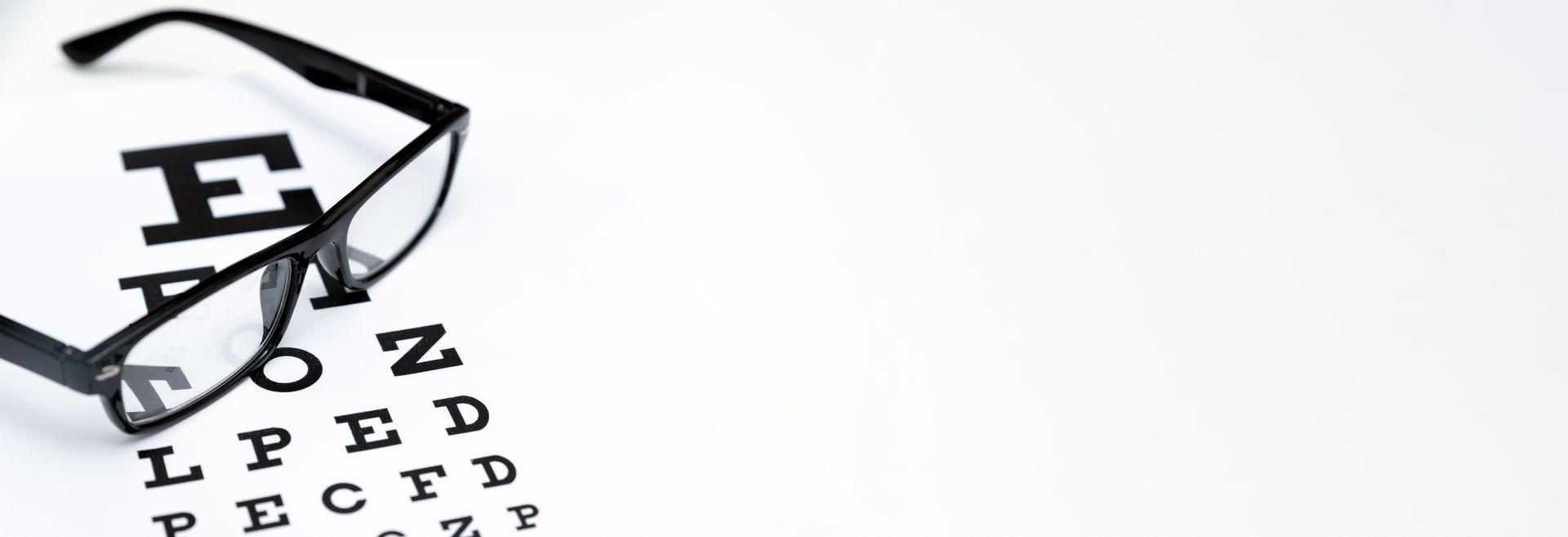Eyeglasses over an eye chart on a white background