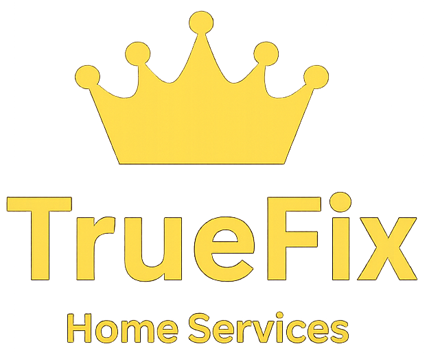 TrueFix Home Services logo with a yellow crown above the yellow text on a white background