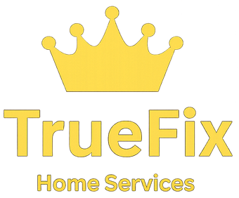 TrueFix Home Services logo with a yellow crown above the yellow text on a white background