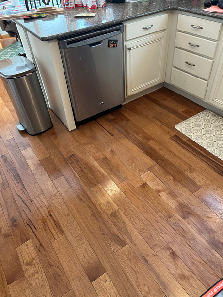 Kitchen floor with hardwood, dishwasher, trash can, and white cabinets beside a countertop and rug