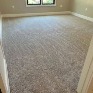 Empty beige carpeted room with two windows and white trim, viewed from the doorway