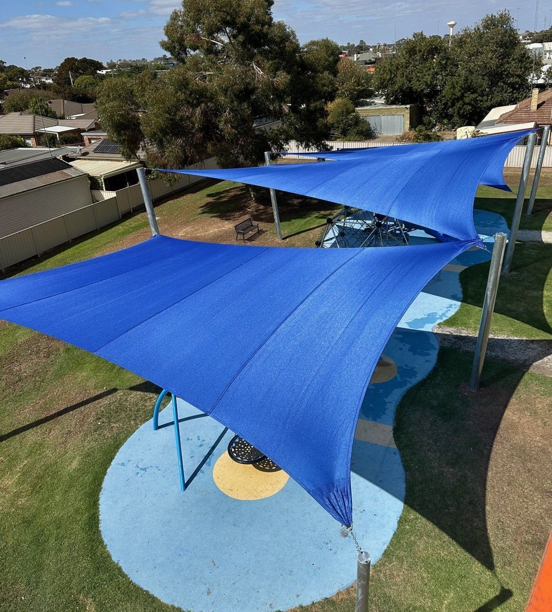 Blue Shade Sails Over a Playground — The Gazebo and Shade Centre in Jindera, NSW