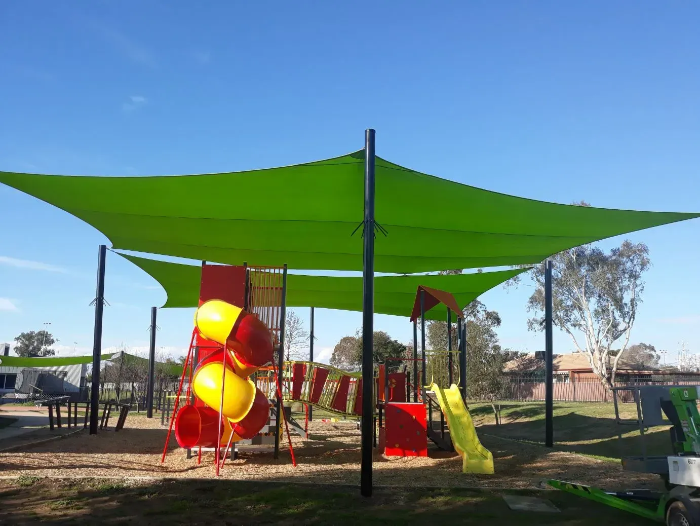 Playground With Green Shade Sails, Various Coloured — The Gazebo and Shade Centre in Jindera, NSW