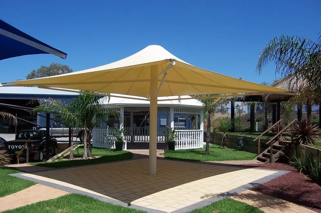 A 6 Metre Square Umbrella Over a Paved Area — The Gazebo and Shade Centre in Jindera, NSW