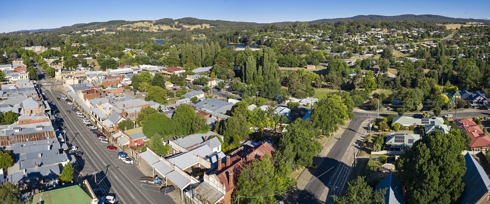 Aerial View of a Town With Buildings, a Road — The Gazebo and Shade Centre in Beechworth, VIC
