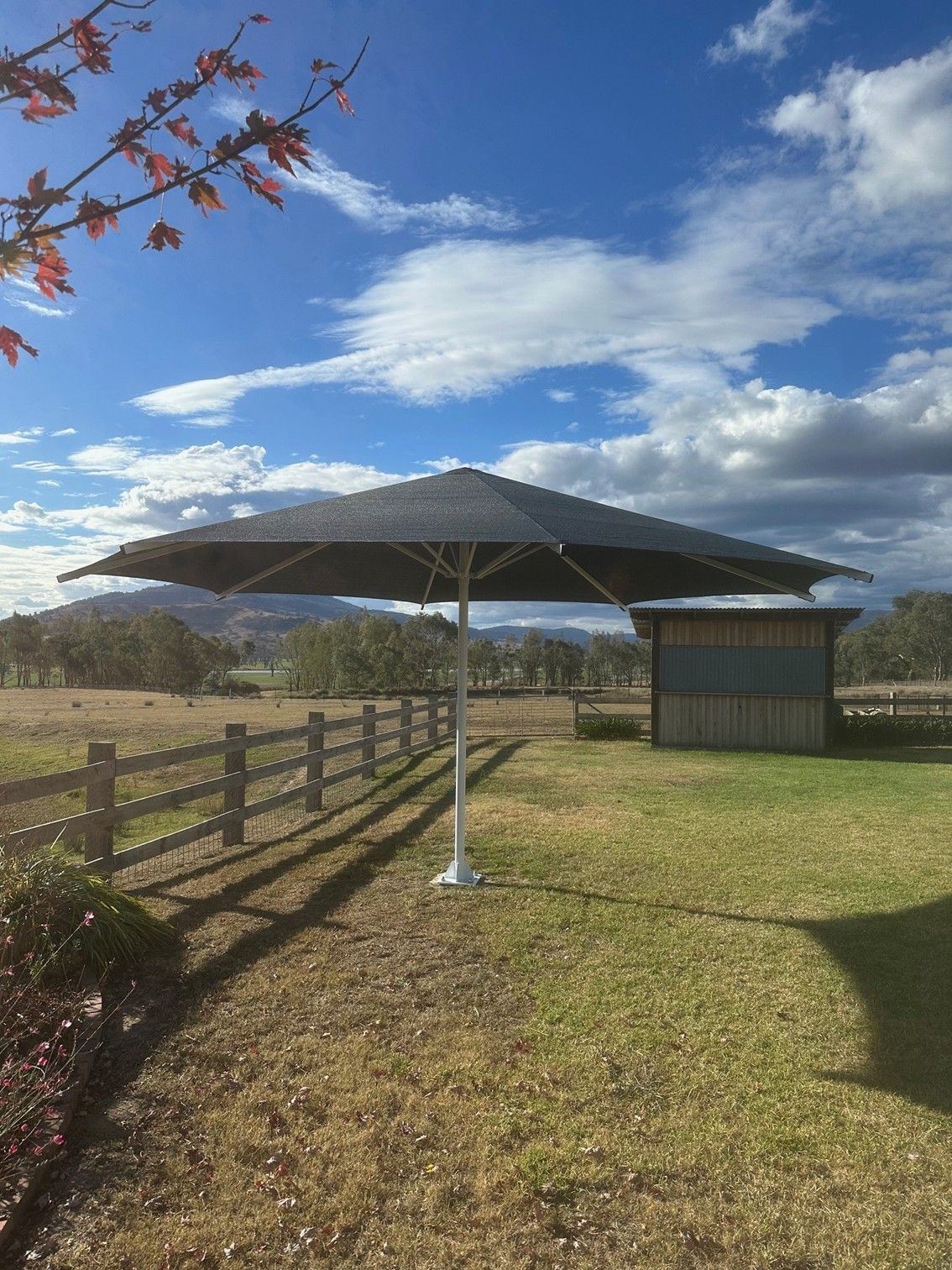 Large black shade sail over a grassy yard beside a wooden fence and small shed under a blue sky — The Gazebo and Shade Centre in Wangaratta, VIC